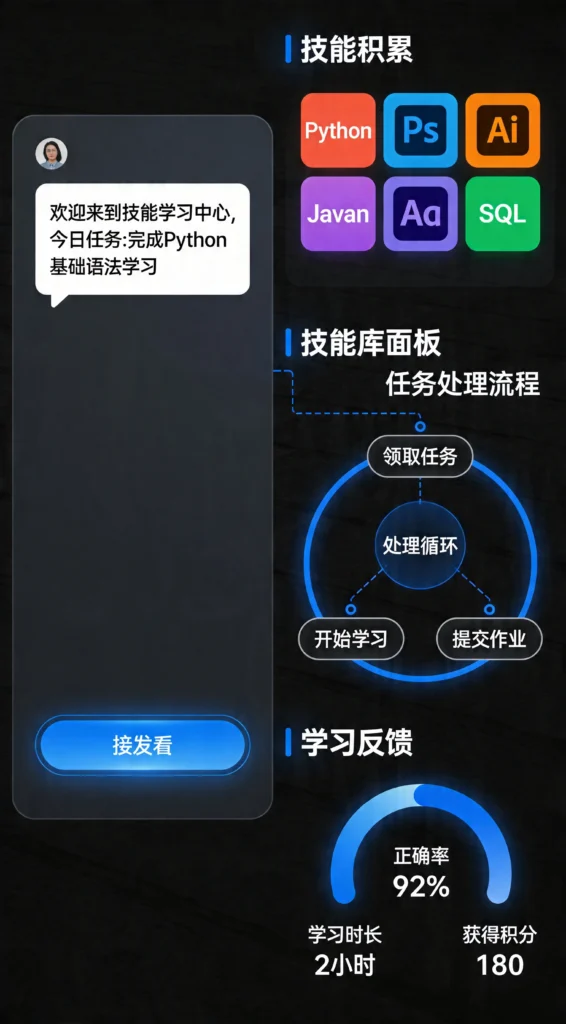 MaxHermes技能库界面示意，展示技能积累与学习反馈