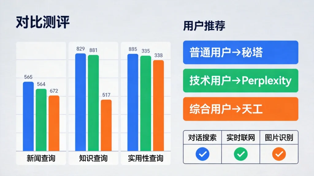对比柱状图展示三项测试结果，右侧标签呈现用户推荐选择