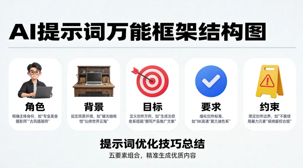 AI提示词万能框架五要素结构，角色背景目标要求约束模板图