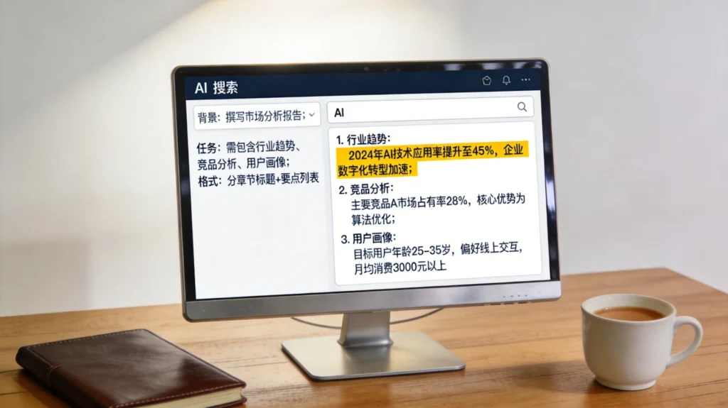 AI搜索技巧实操演示，通过结构化提问获得精准的市场分析报告