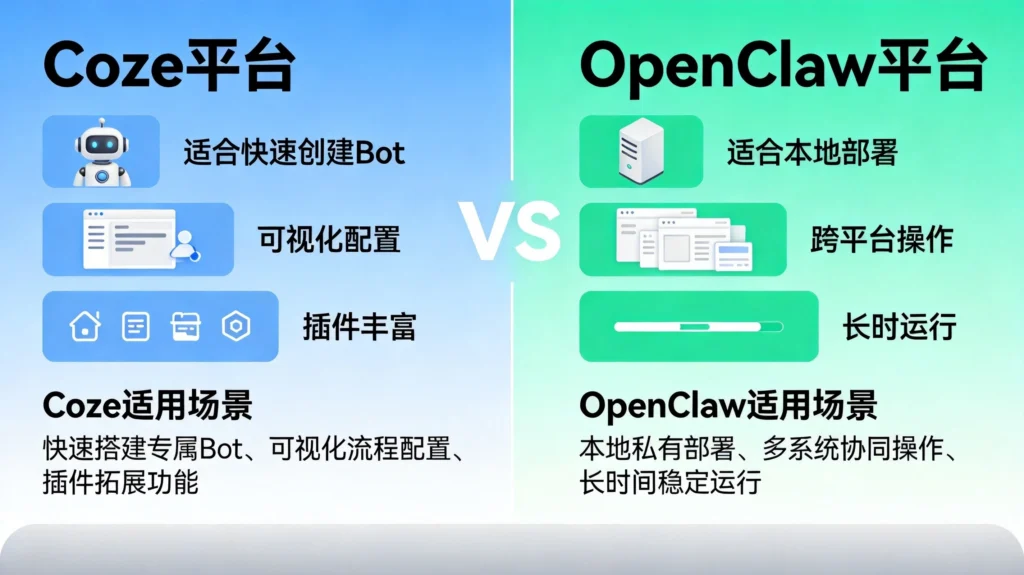Coze和OpenClaw平台功能对比图，快速创建Bot与本地部署自动化任务场景推荐