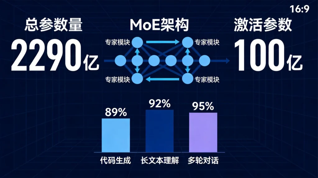MiniMax M2.7核心参数数据图，2290亿总参数与100亿激活参数对比，展示MoE架构优势