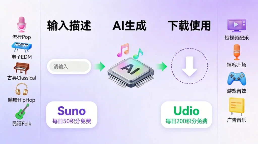 AI音乐创作三步流程：输入描述到生成下载，多风格多场景一键配乐