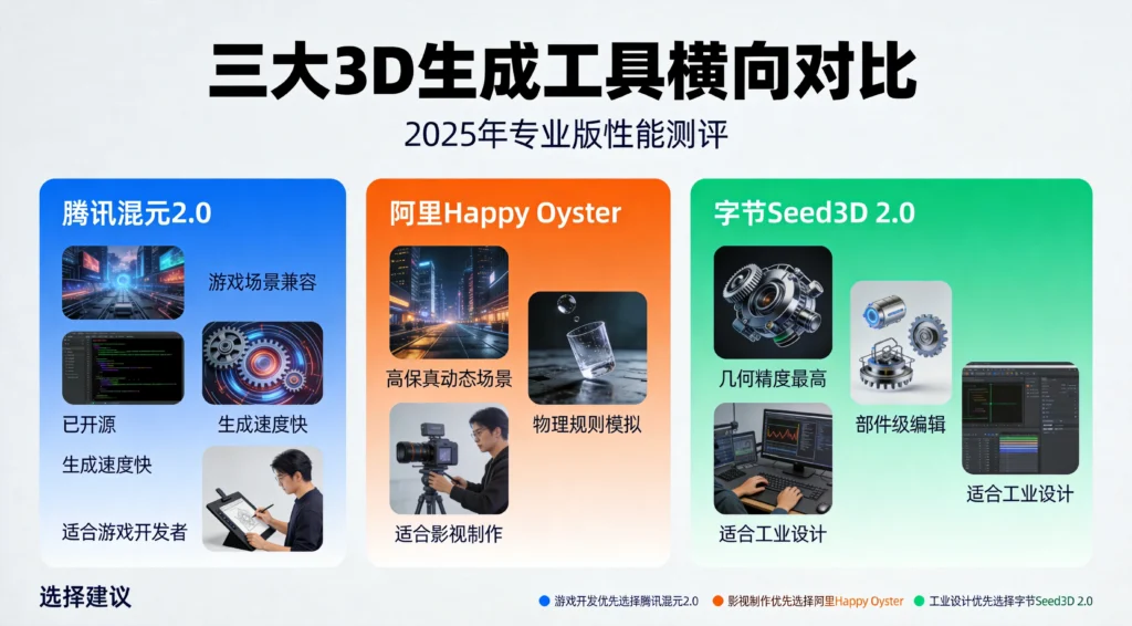 腾讯混元2.0、阿里Happy Oyster、字节Seed3D 2.0三大空间智能工具核心能力与适用场景横向对比