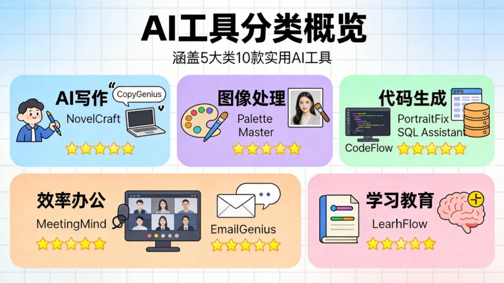 AI工具分类概览图，呈现10款新兴AI工具五大分类与核心功能亮点