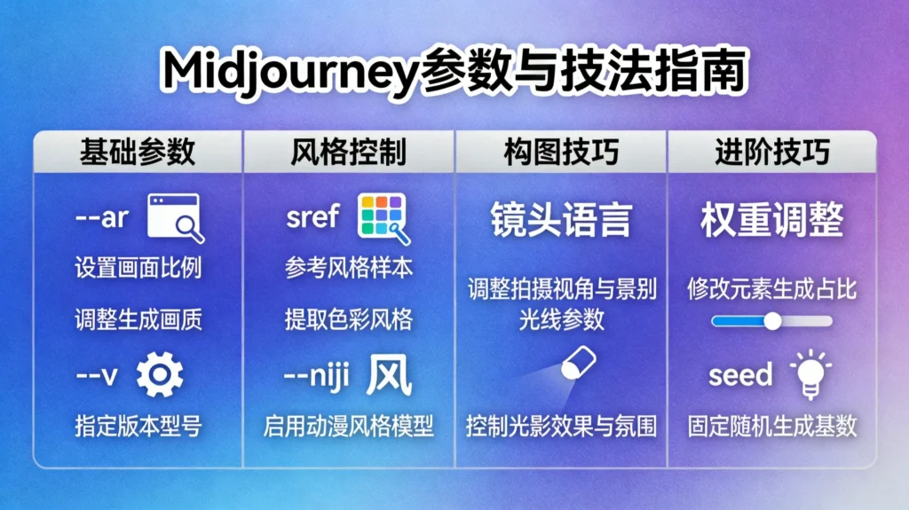 Midjourney参数技巧指南，呈现基础参数、风格控制、构图技巧四大核心模块