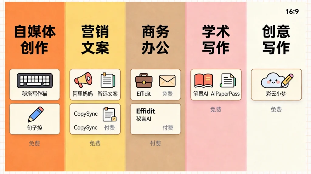 AI写作工具分类图谱，呈现自媒体、营销、商务、学术五大场景10款工具推荐
