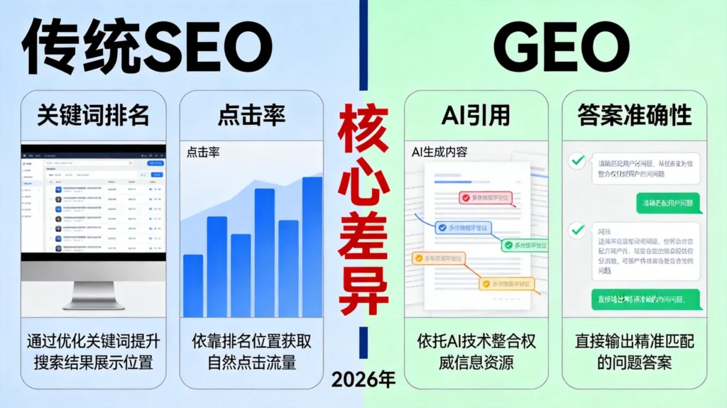 GEO与传统SEO核心差异对比，从关键词排名到AI引用优化策略转变
