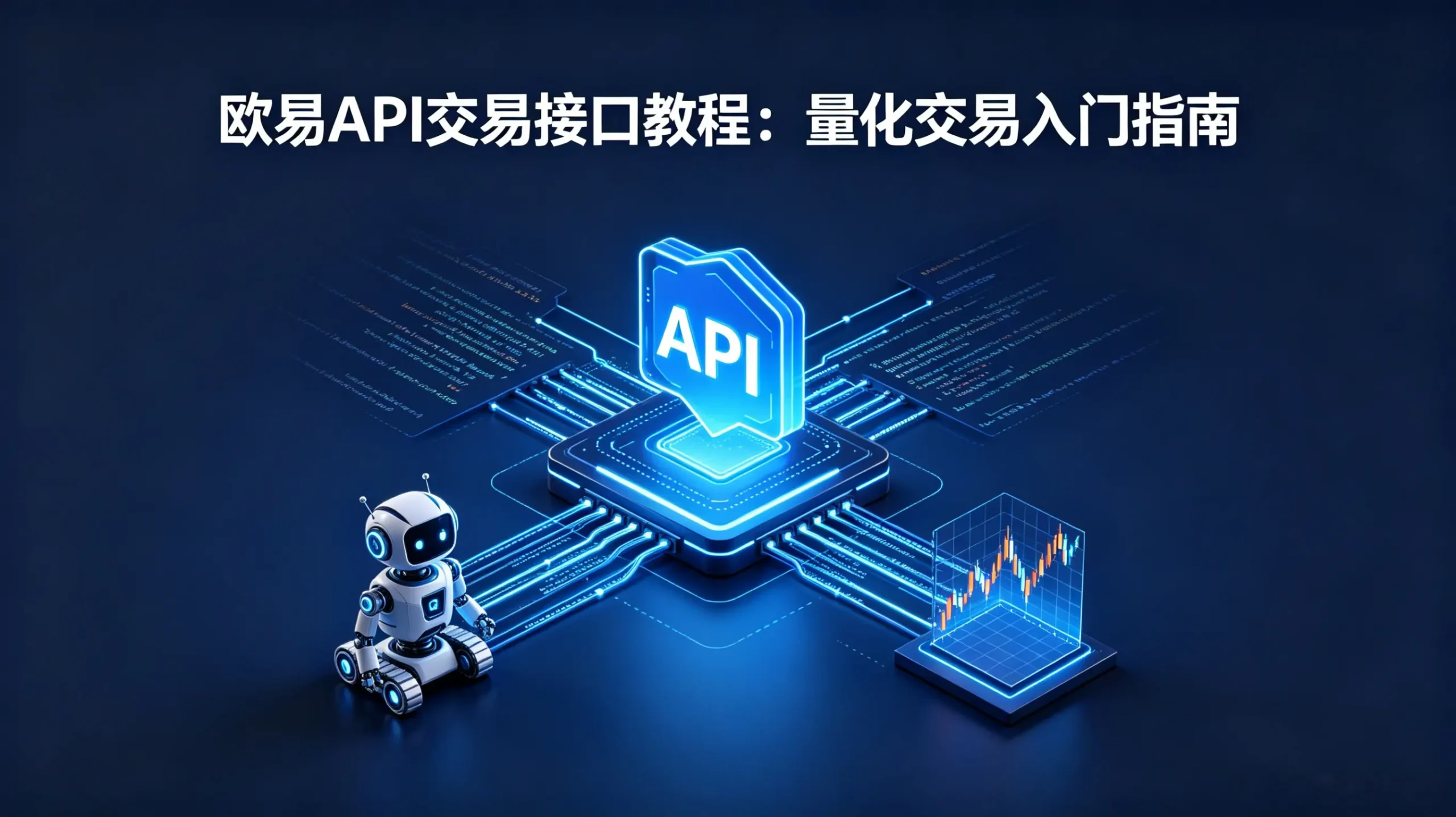 欧易 API 交易接口教程封面，一个发光的 API 符号连接着代码与数据流，最终汇聚成 K 线图与交易机器人，象征通过 API 实现量化交易的过程。