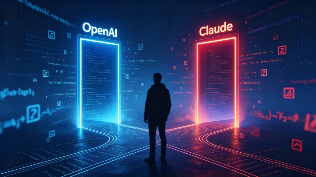 开发者站在分岔路口，面临 OpenAI 与 Claude 的艰难选择，背景是充满代码的数字世界。