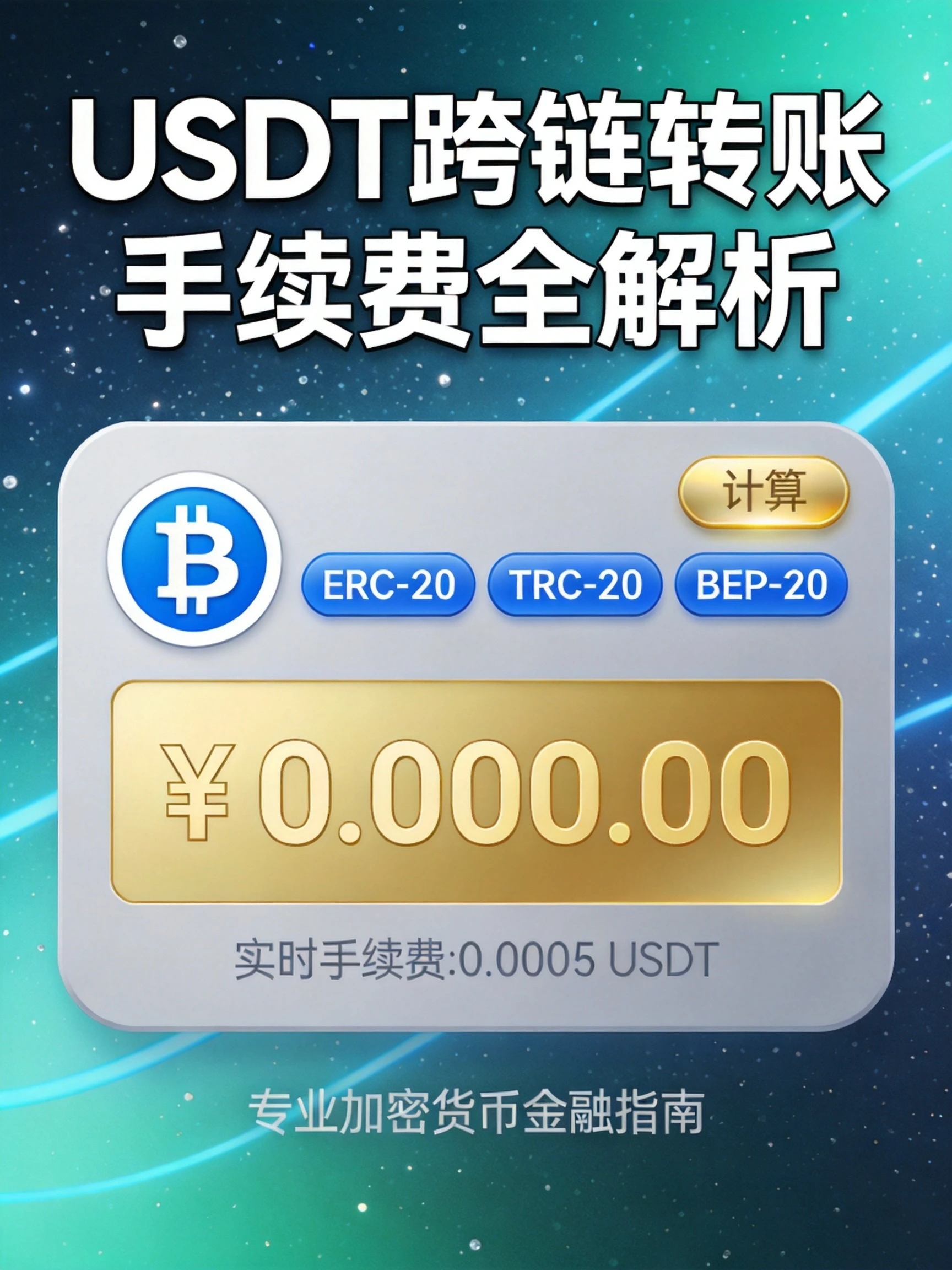 币安USDT转账手续费解析封面，蓝绿色科技金融背景，USDT图标，ERC-20/TRC-20/BEP-20等多网络标识