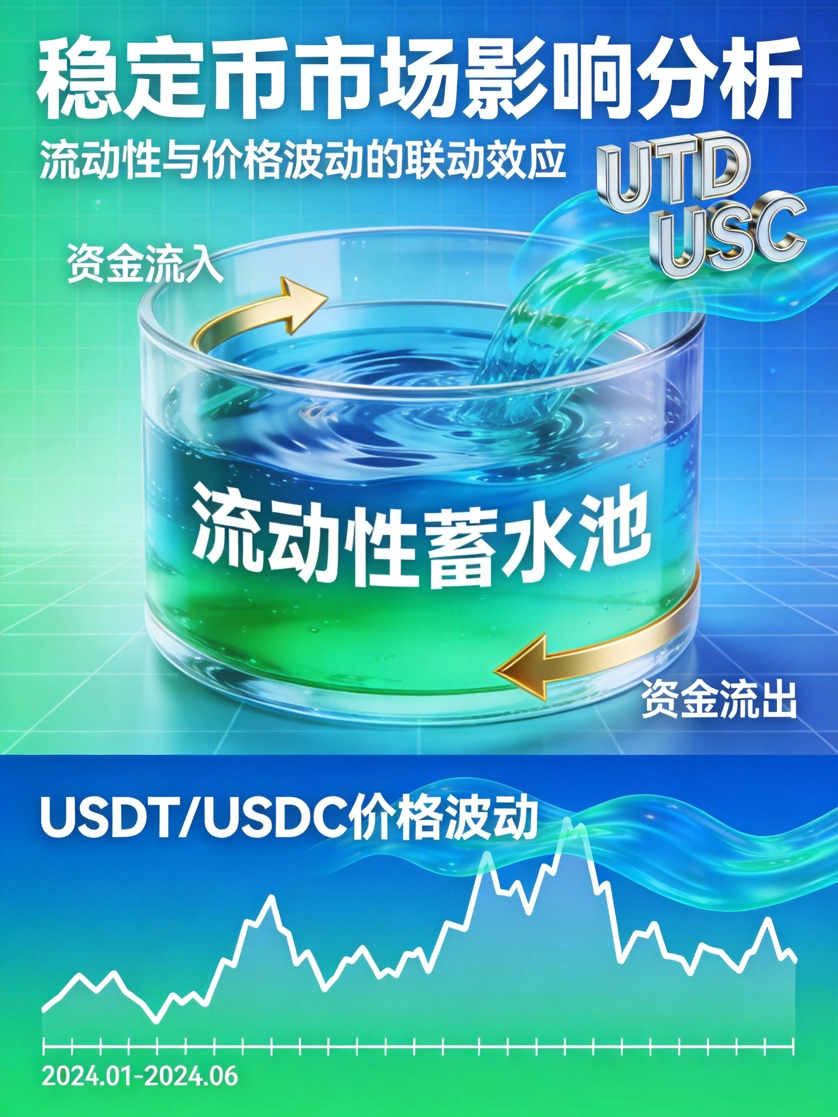 流动性蓄水池图示，价格波动行情图表，USDT/USDC符号，资金流动波浪