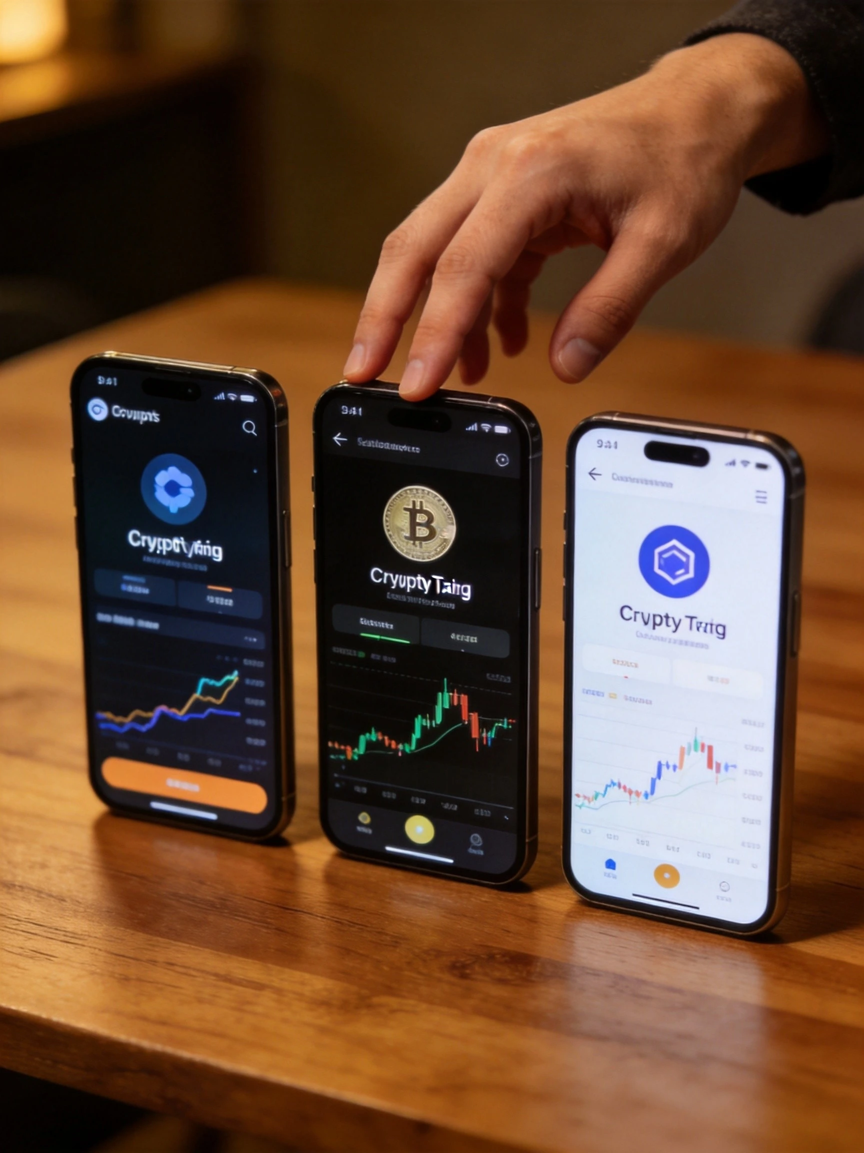 三部手机显示不同加密货币交易APP与手悬空选择